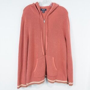 Lands End Drifter‎ Hooded Knit Full Zip Sweater Womens 2X Coral Pink Cotton